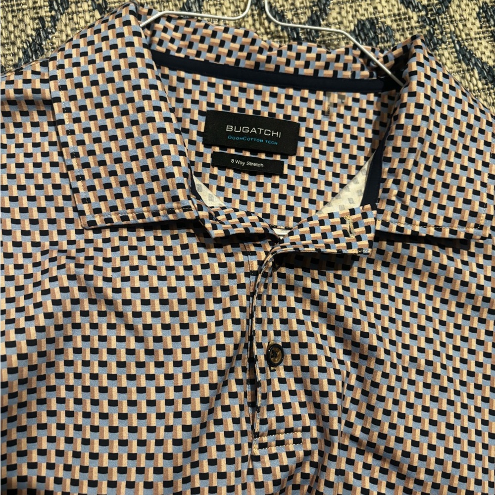 Bugatchi Men's Blue and Tan Geometric Polo